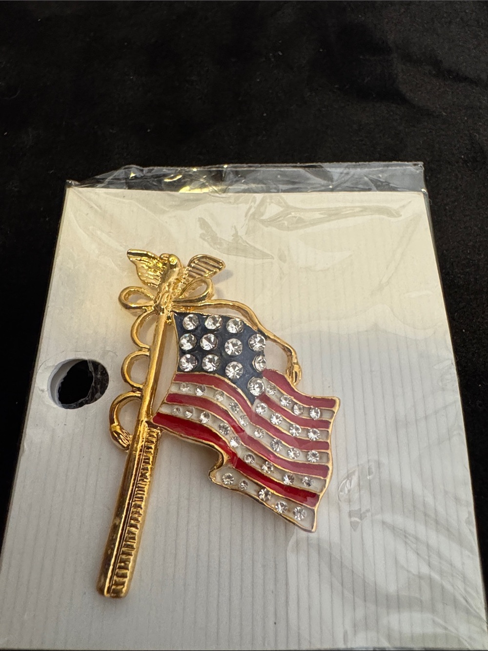 Gold-Tone American Flag Rhinestone Pin